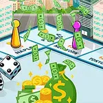 Brætspil med farvede brikker, terninger, dollar-tegn og pengesedler flyvende over feltet