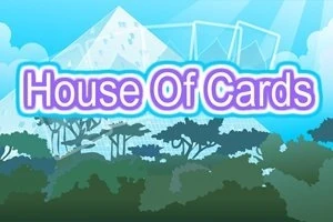 Tekst House Of Cards i lilla og blå skrift med en baggrund af træer og et hus af kort samt blå himmel