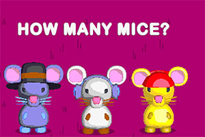 Tre tegneseriemus iført hatte på en lilla baggrund med teksten HOW MANY MICE?