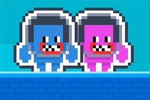 To pixelfigurer i blå og pink med hjelme på en blå baggrund