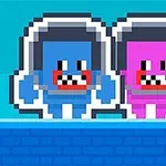 To pixelfigurer i blå og pink med hjelme på en blå baggrund