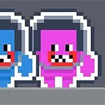To pixelkarakterer i rumdragter, en blå og en pink, står side om side med store smilende ansigter og baggrunde i grå nuancer