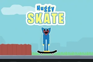 En tegneserieagtig blå figur med et stort smil står på et skateboard foran teksten Huggy Skate i en simpel landskabsscene