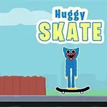 En tegneserieagtig blå figur med et stort smil står på et skateboard foran teksten Huggy Skate i en simpel landskabsscene