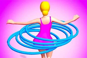 Kvinde i pink tøj med flere blå hula hoops omkring taljen på en lyserød baggrund