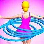 Kvinde i pink tøj med flere blå hula hoops omkring taljen på en lyserød baggrund