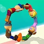 Fem animerede figurer står på hænder og fødder, formet som en cirkel mod en baggrund i blå og beige nuancer