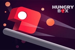 Rødt terningformet objekt med et hvidt cirkelmotiv og grafik med bevægelseseffekt på en mørk baggrund, samt teksten Hungry Box øverst til højre