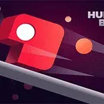 Rødt terningformet objekt med et hvidt cirkelmotiv og grafik med bevægelseseffekt på en mørk baggrund, samt teksten Hungry Box øverst til højre