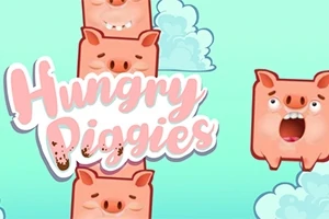 Lyserøde, firkantede grise med forskellige ansigtsudtryk omgivet af skyer på en lyseblå baggrund med teksten Hungry Piggies