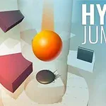 En orange kugle svæver blandt geometriske former mod en lys baggrund med teksten Hyper Jump 3D