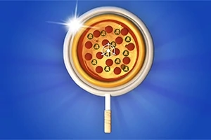 Et billede af en pizza med pepperoni og grønne toppings, set gennem et forstørrelsesglas på en blå baggrund