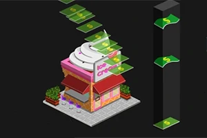 Isometrisk illustration af en isbutik med pengesedler flydende i luften på sort baggrund