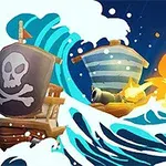 To piratskibe i kamp på et stormfuldt hav med eksplosioner og kanoner