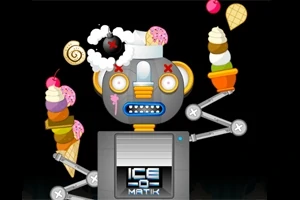 Robot med et ismaskine-tema, der balancerer flere isvafler og desserter, inklusiv en kirsebærpyntet bombe på hovedet, mod en sort baggrund