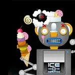 Robot med et ismaskine-tema, der balancerer flere isvafler og desserter, inklusiv en kirsebærpyntet bombe på hovedet, mod en sort baggrund