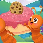 To orange myrer ser glade ud ved siden af en stor kage med lyserød glasur, toppet med en cookie, mod en farverig baggrund