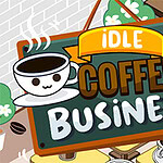 Tegning af et café-interiør med et skilt, der siger Idle Coffee Business og en smilende kaffekop