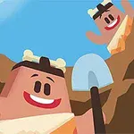 To tegneseriefigurer med smilende ansigter og ben i håret, hvoraf den ene holder en skovl, står i et stenmiljø