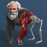 En hybridfigur med ansigtet af en ældre mand, en gorillakrop og en skelet- og muskeldel i bagenden på blå baggrund