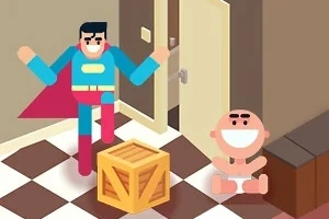 En tegneseriefigur i et superheltkostume står ved en åben dør ved siden af en træblok og en smilende baby på et skakternet gulv
