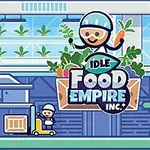 Tegneseriefigur med hjelm holder gulerod og planter i et industrielt drivhusmiljø med teksten Idle Food Empire Inc