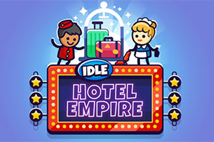 Tegneseriestil illustration af en piccolo og en stuepige foran kufferter med et lyst skilt, der siger Idle Hotel Empire på en lilla baggrund