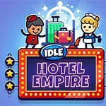 Tegneseriestil illustration af en piccolo og en stuepige foran kufferter med et lyst skilt, der siger Idle Hotel Empire på en lilla baggrund