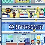 Animeret bygning med flere etager, butikker og tegnede figurer i en shoppingcenter-opsætning