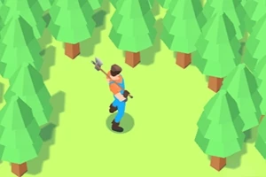 En animeret person iført orange bluse og blå overall står med en økse i en skov af grønne, trekantede træer