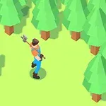 En animeret person iført orange bluse og blå overall står med en økse i en skov af grønne, trekantede træer