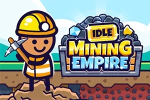 En tegneseriefigur iført en gul hjelm og vest står med en hakke foran en stor stak af kul og krystaller med teksten Idle Mining Empire indeni