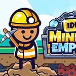 En tegneseriefigur iført en gul hjelm og vest står med en hakke foran en stor stak af kul og krystaller med teksten Idle Mining Empire indeni