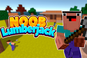 En pixeleret figur i forgrunden holder en økse, med teksten Noob Lumberjack ved siden af, og en farverig baggrund med træer og bygninger