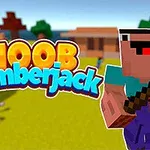 En pixeleret figur i forgrunden holder en økse, med teksten Noob Lumberjack ved siden af, og en farverig baggrund med træer og bygninger