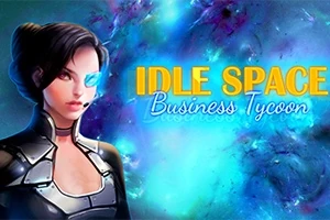 En futuristisk kvinde med en høj teknologi brille står foran en stjernefyldt blå baggrund med teksten Idle Space Business Tycoon