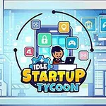 En tegneseriefigur arbejder ved en computer omgivet af farverige ikoner og teksten Idle Startup Tycoon