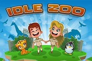 To børn i safari-tøj holder hinanden i hånden, flankeret af en tigerunge og en pingvin, med silhuetter af dyr i baggrunden og teksten IDLE ZOO øverst