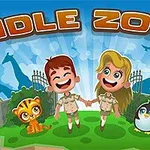 To børn i safari-tøj holder hinanden i hånden, flankeret af en tigerunge og en pingvin, med silhuetter af dyr i baggrunden og teksten IDLE ZOO øverst