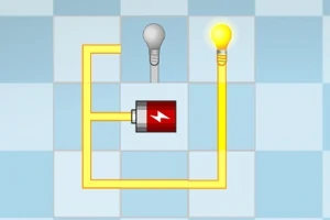 Et simpelt elektrisk kredsløb med en batteriillustration, to lyspærer, hvoraf den ene er tændt, og gule ledninger, mod en ternet baggrund