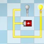 Et simpelt elektrisk kredsløb med en batteriillustration, to lyspærer, hvoraf den ene er tændt, og gule ledninger, mod en ternet baggrund