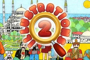 Farverig tegning med Istanbul-motiver, en stor gylden medaljon med tallet 2 og teksten Lüstration samt figurer i forgrunden