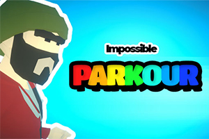 Tegnet karakter med skæg og hue ved siden af teksten Impossible Parkour i regnbuefarver på blå baggrund