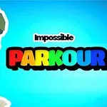 Tegnet karakter med skæg og hue ved siden af teksten Impossible Parkour i regnbuefarver på blå baggrund