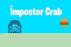 Blå krabbe ved siden af en burger på en lys blå og grøn baggrund med teksten impostor Crab