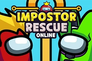 To farvede figurer med store hvide hjelme ser på hinanden under teksten Impostor Rescue Online