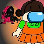 Tegneseriefigur med blå maske og orange kjole omgivet af to bevæbnede personer i lyserøde dragter
