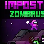 Farverig illustration med en lilla karakter, der står over zombielignende figurer mod en mørk baggrund, og teksten Impostor Zombrush i stærke nuancer
