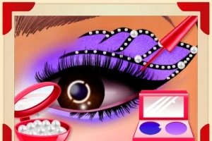 Et close-up af et øje med dramatisk lilla øjenmakeup, dekoreret med perler og en pensel, omgivet af makeup-produkter
