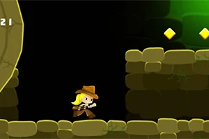 En animeret figur med hat løber gennem en tunnel med stenblokke og gule diamanter